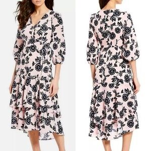 ELIZA J Pink and Navy Floral Faux Wrap 3/4  Sleeve Tiered Midi Dress Sz 12